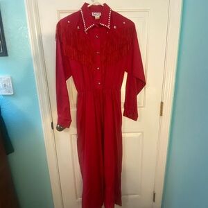 Vintage Western Red Long Sleeve Dress with Fringe